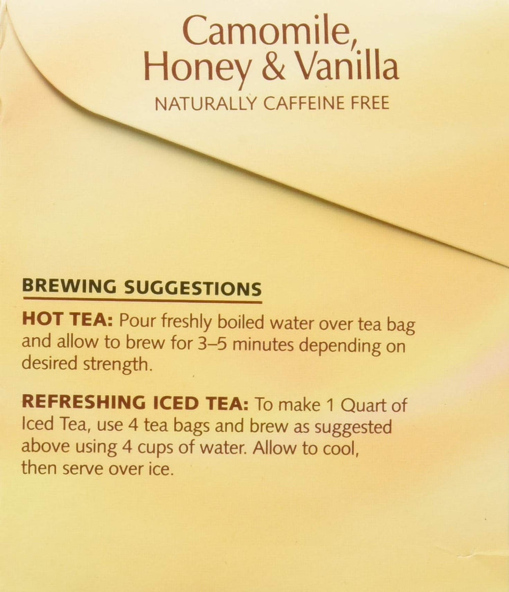 Twinings chamomile honey vanilla tea bags steeping for calm breaks.