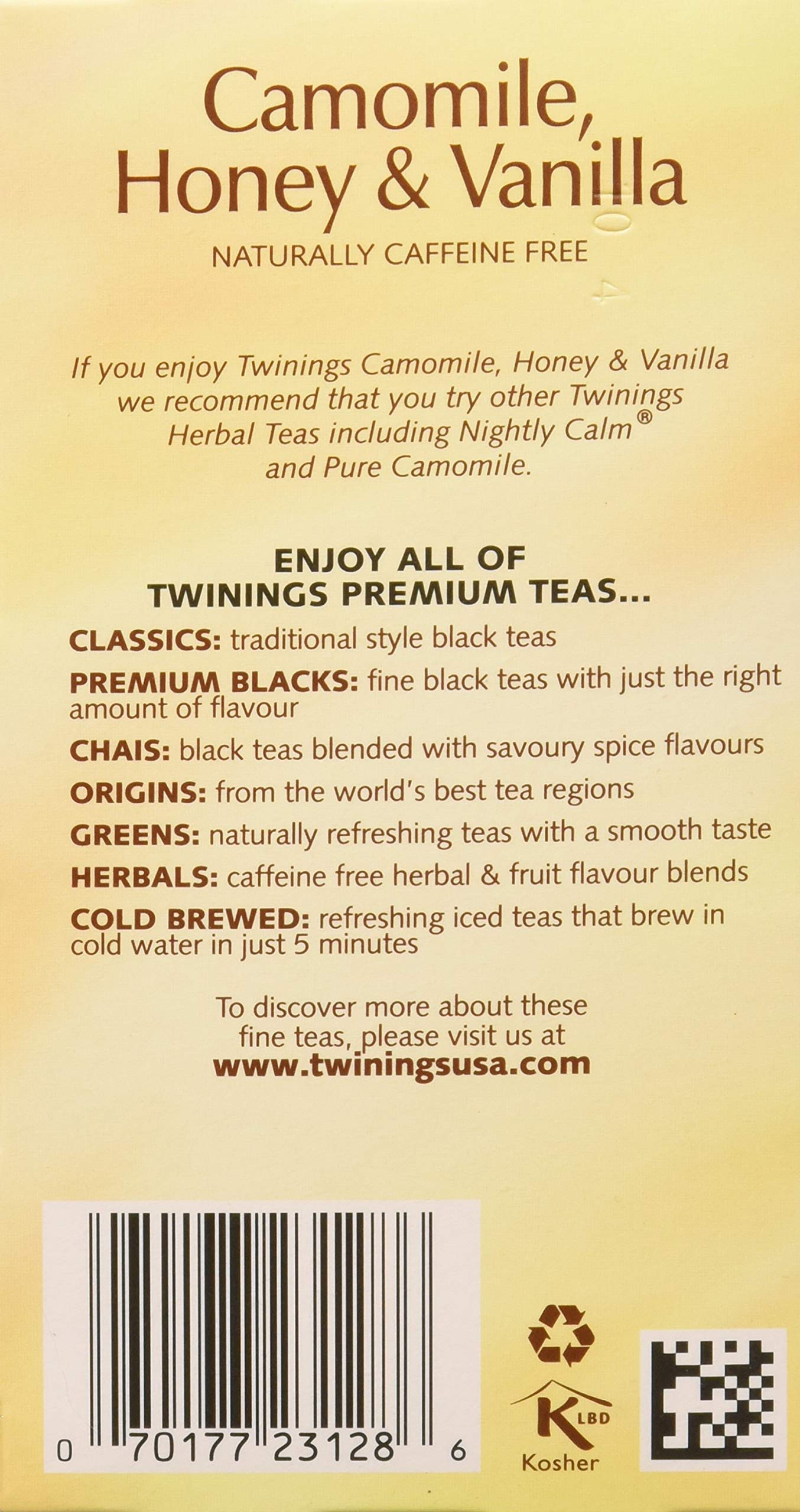 Twinings chamomile honey vanilla tea pack for cozy mornings.