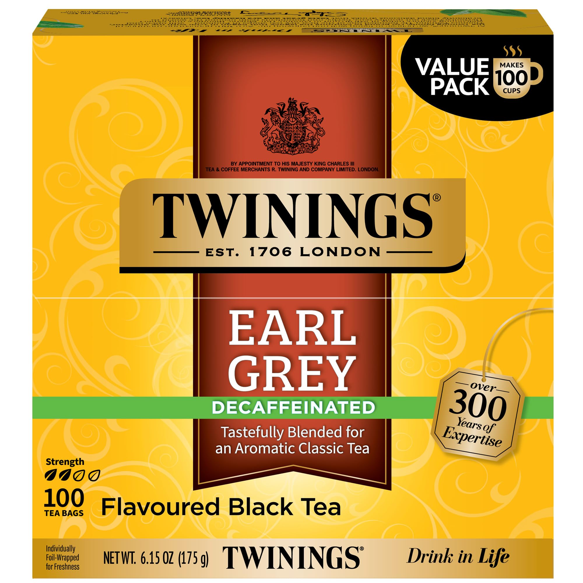 Twinings decaf Earl Grey tea bags ready for an on-the-go brew with citrus aroma.