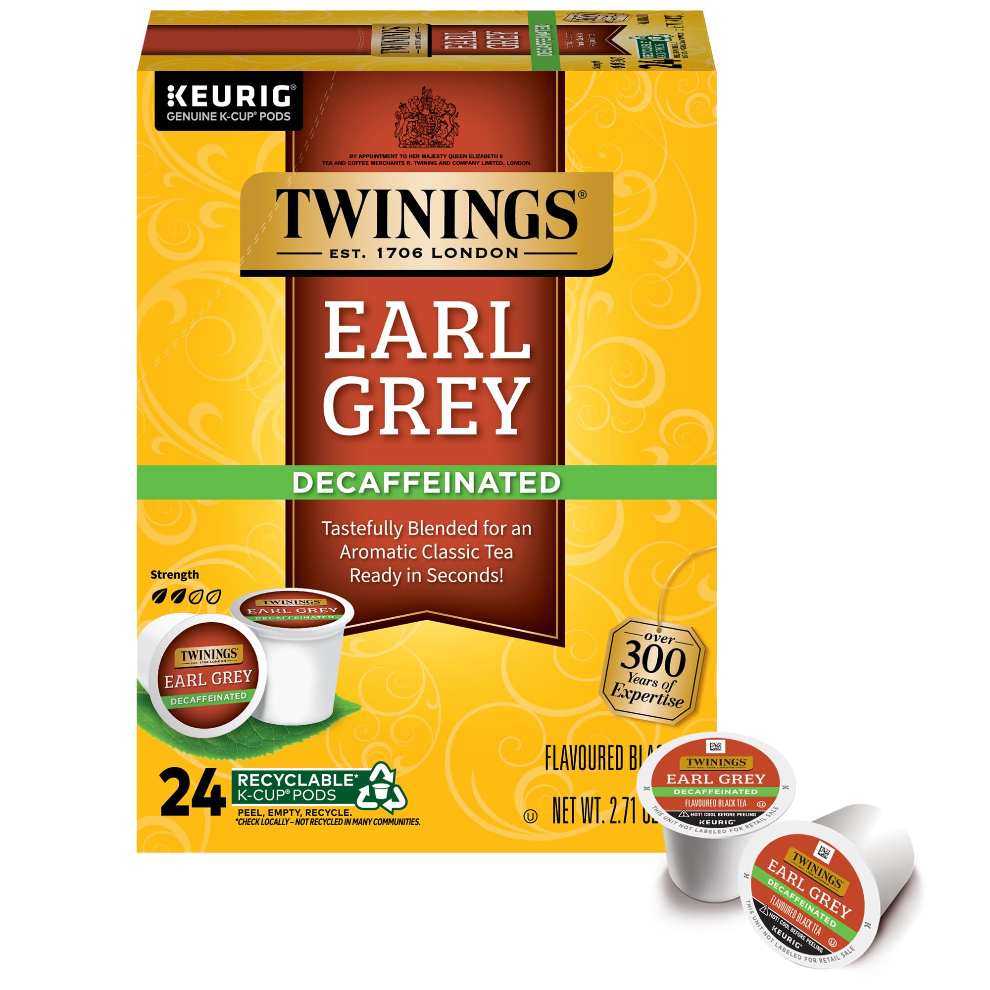 Twinings decaf Earl Grey tea pod box for convenient caffeine-free indulgence.