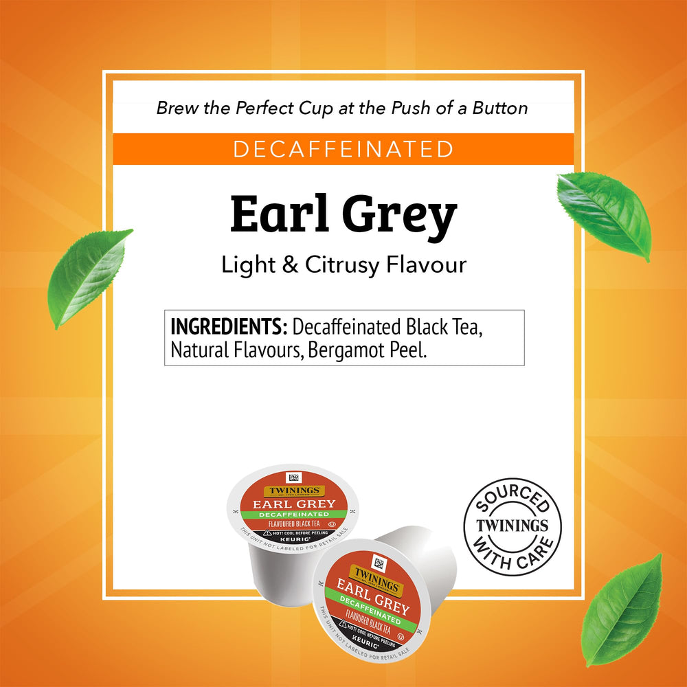 Twinings decaf Earl Grey pod close-up highlighting citrus bergamot aroma.