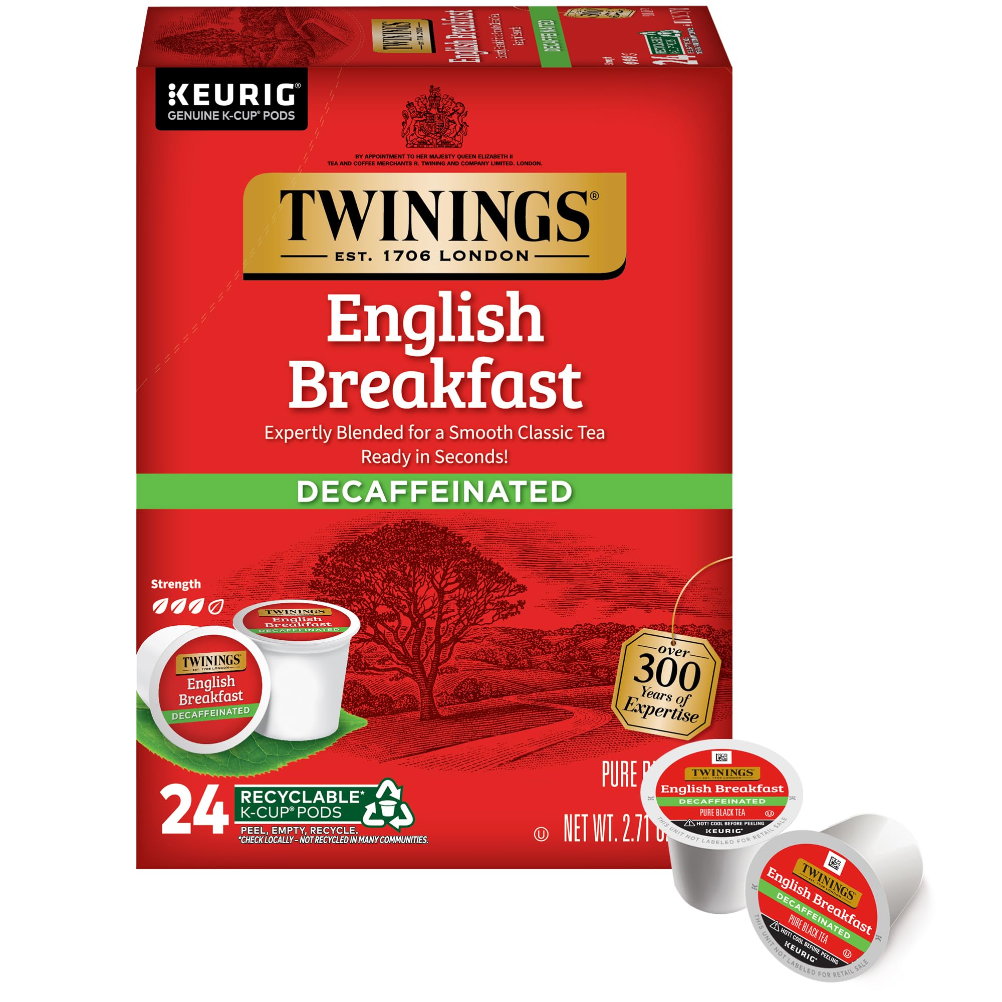 Twinings Decaffeinated English Breakfast tea pods box for quick, caffeine-free mornings.
