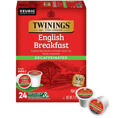 Twinings Decaffeinated English Breakfast tea pods box for quick, caffeine-free mornings.