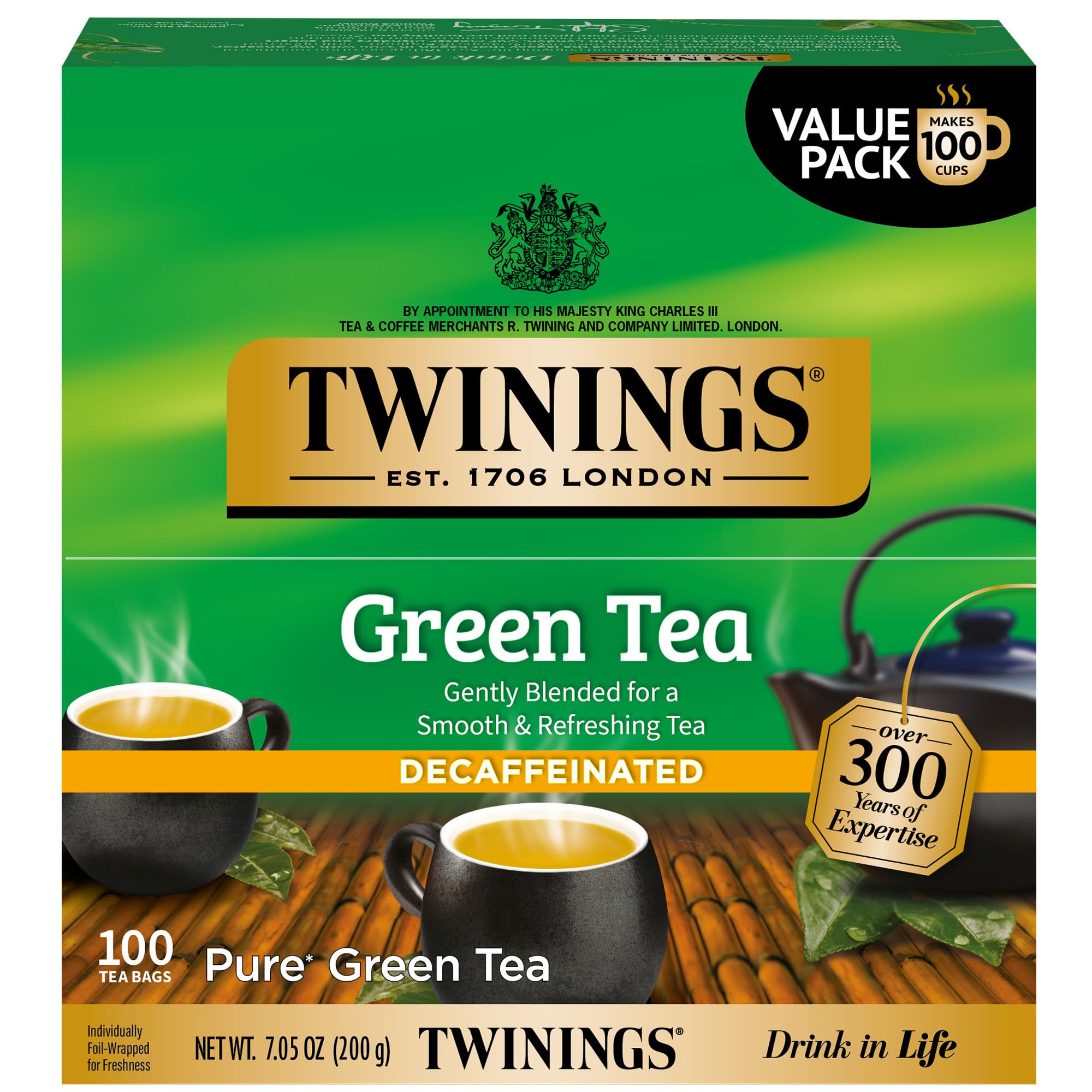 Twinings decaf green tea bags in a box for convenient on-the-go brewing.