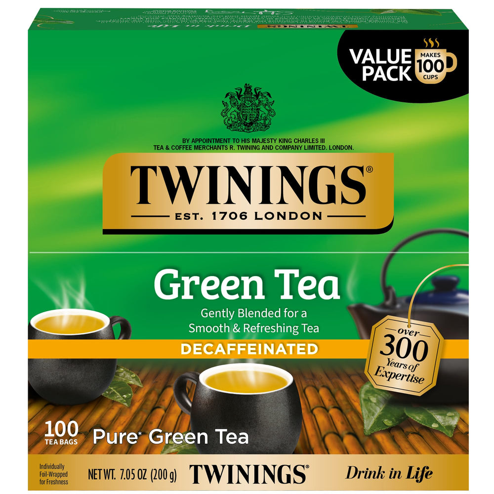 Twinings decaf green tea bags in a box for convenient on-the-go brewing.