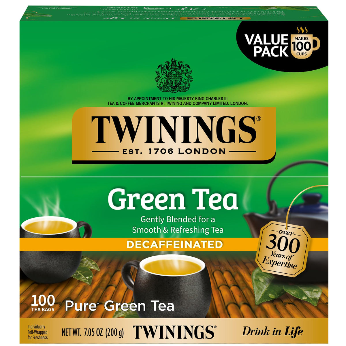 Twinings decaf green tea bags in a box for convenient on-the-go brewing.