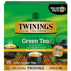 Twinings decaf green tea bags in a box for convenient on-the-go brewing.