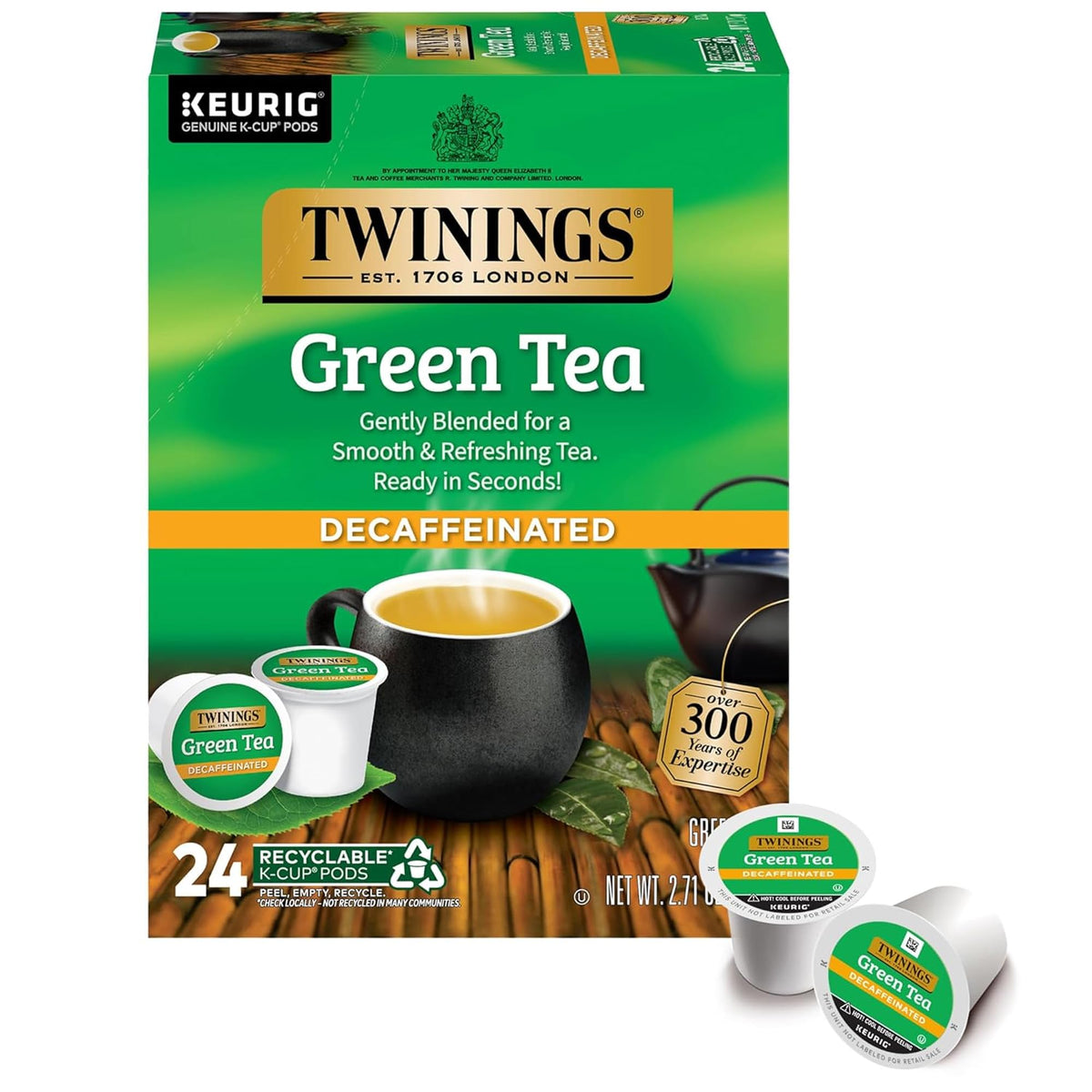 Twinings decaf green tea K-Cup pod close-up showing smooth flavor and inviting aroma