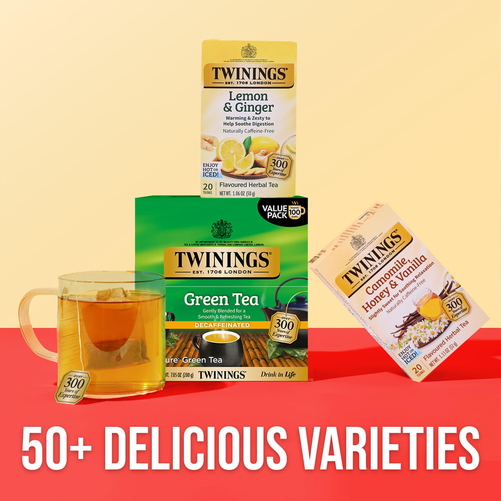 Twinings decaf green tea sachets prepared hot or iced for flexibility.