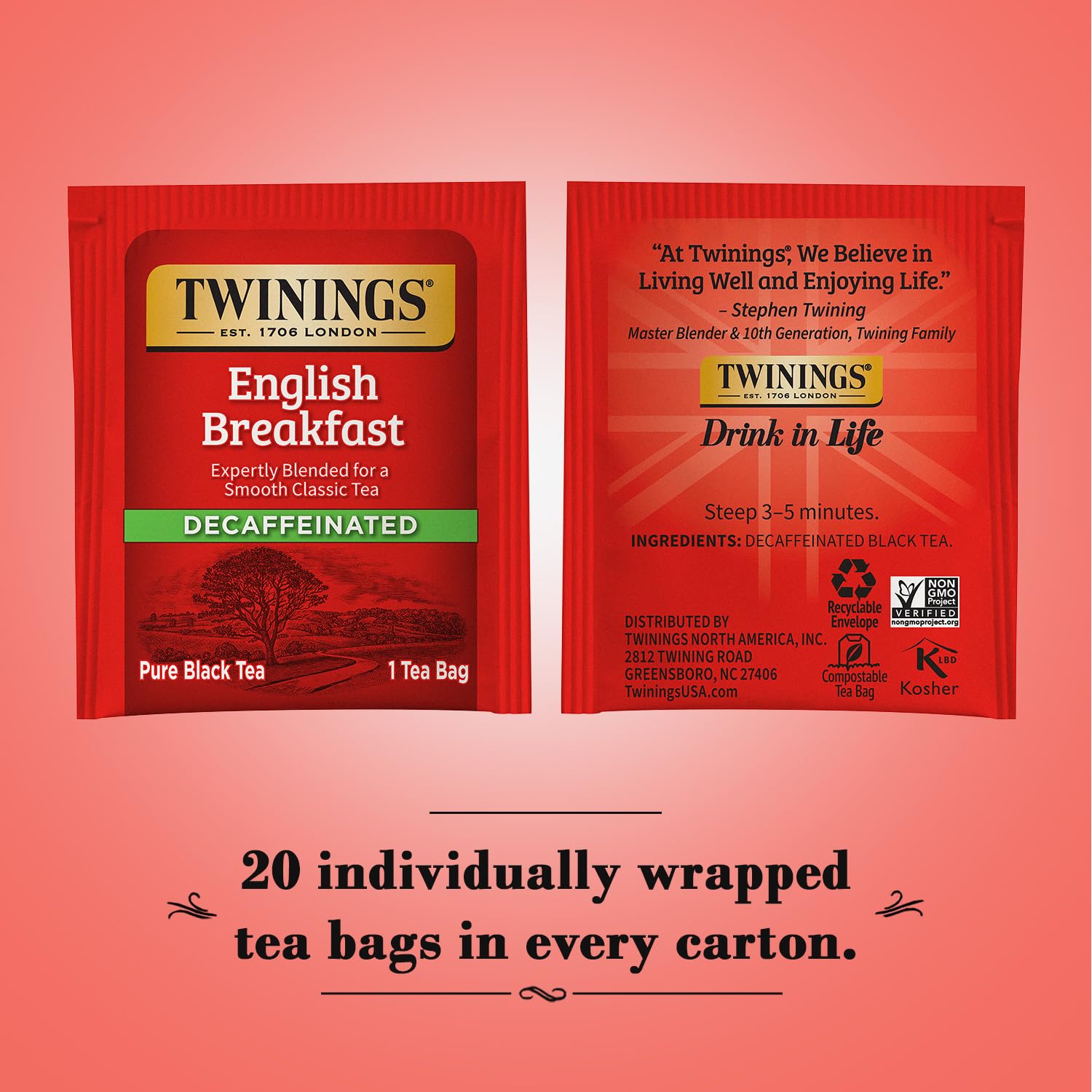 Close-up of Twinings decaf tea bag showing premium leaves for a smooth, caffeine-free brew.
