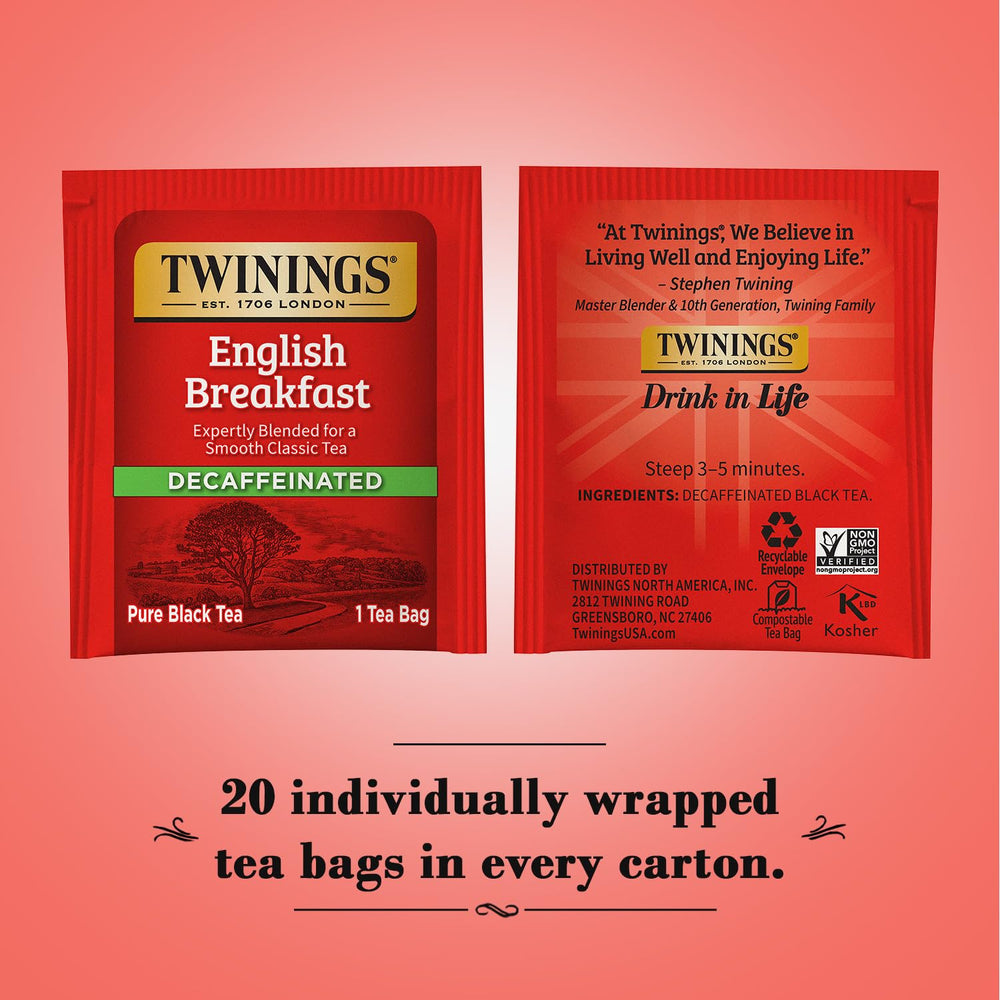 Close-up of Twinings decaf tea bag showing premium leaves for a smooth, caffeine-free brew.