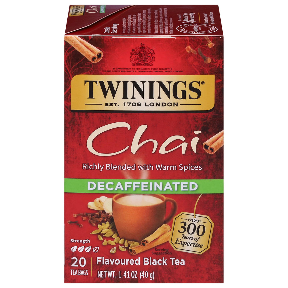 Twinings Decaffeinated Chai Tea Bags offer bold spice without caffeine for late day sipping.