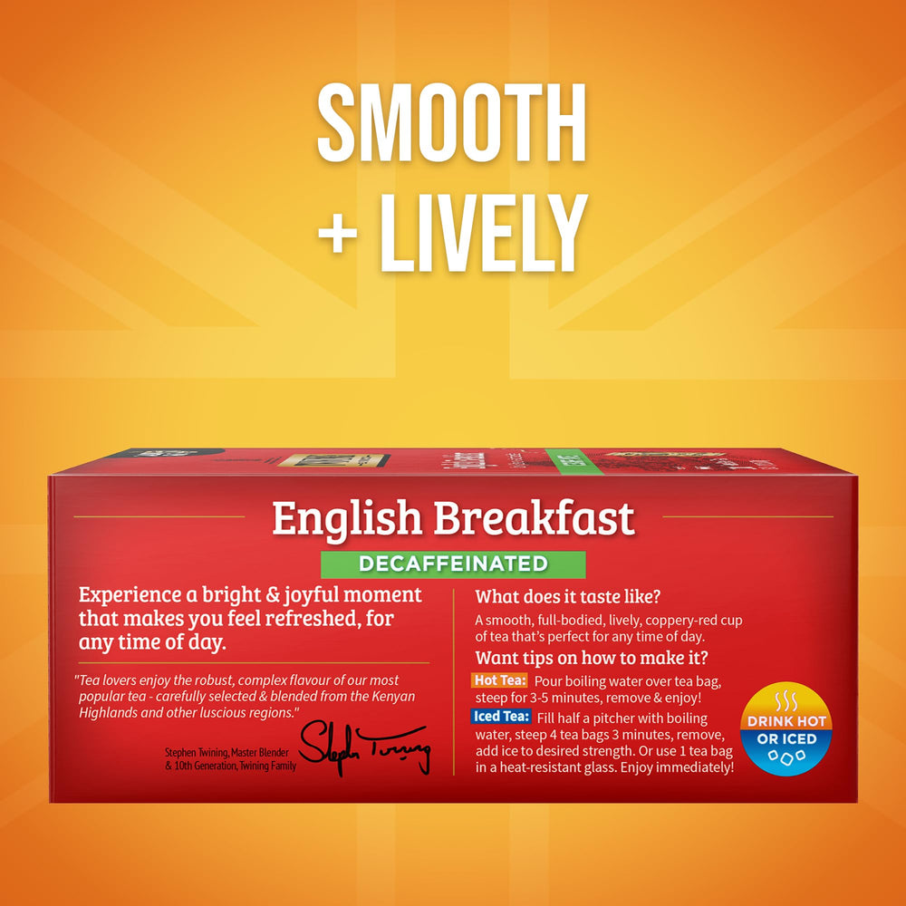 Twinings Decaffeinated English Breakfast tea bags close-up highlighting smooth flavor when brewed.