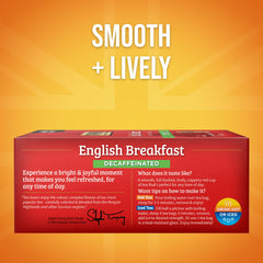 Twinings Decaffeinated English Breakfast tea bags close-up highlighting smooth flavor when brewed.