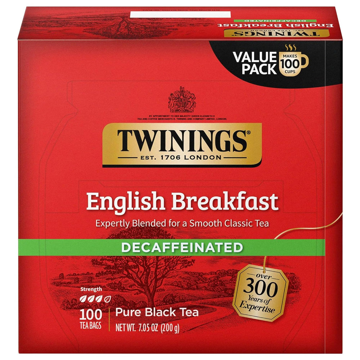 Twinings Decaffeinated English Breakfast tea pack showing individually wrapped bags for freshness on the go.
