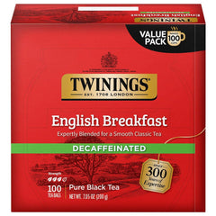 Twinings Decaffeinated English Breakfast tea pack showing individually wrapped bags for freshness on the go.