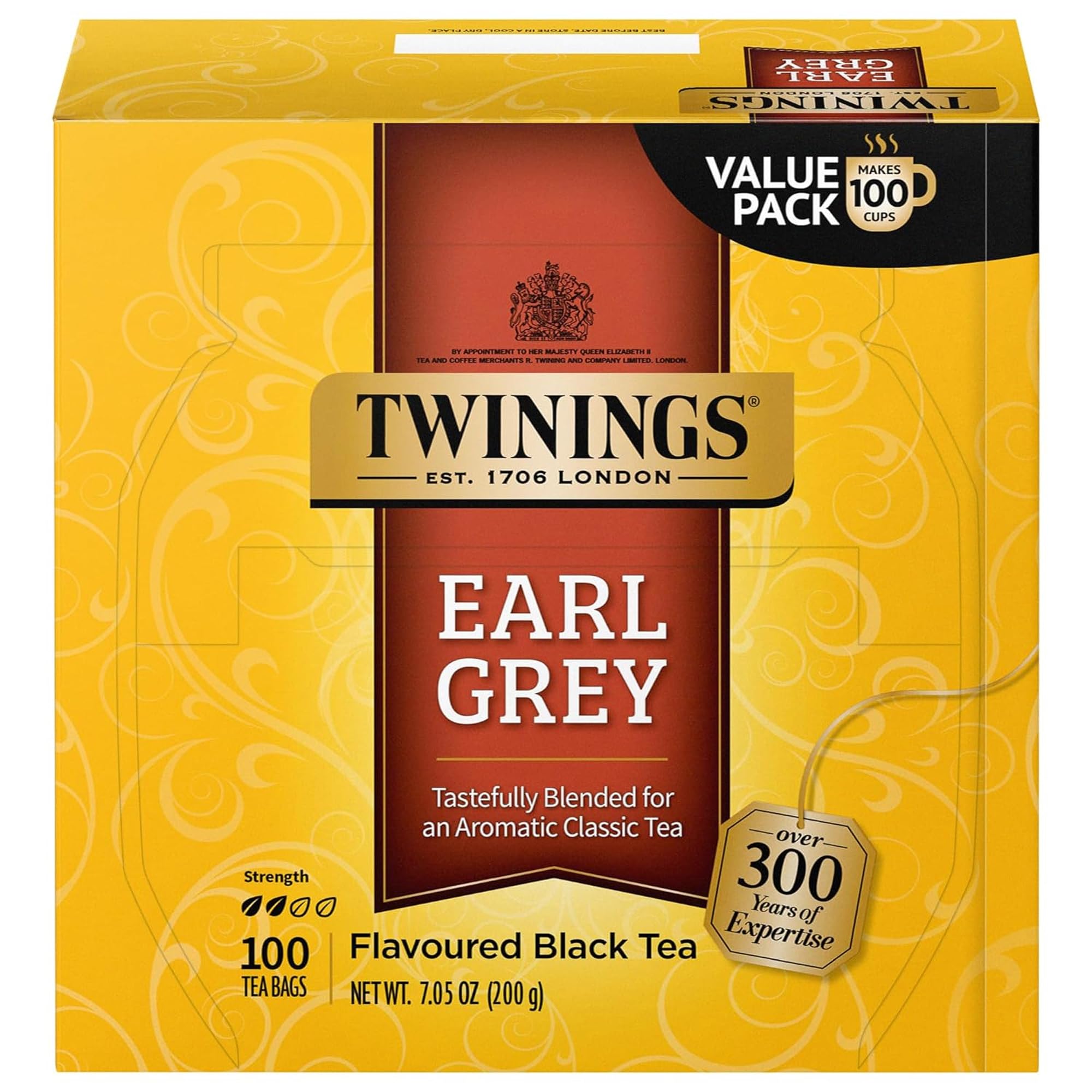 Twinings Earl Grey tea bags, 100-count pack for easy daily brewing.