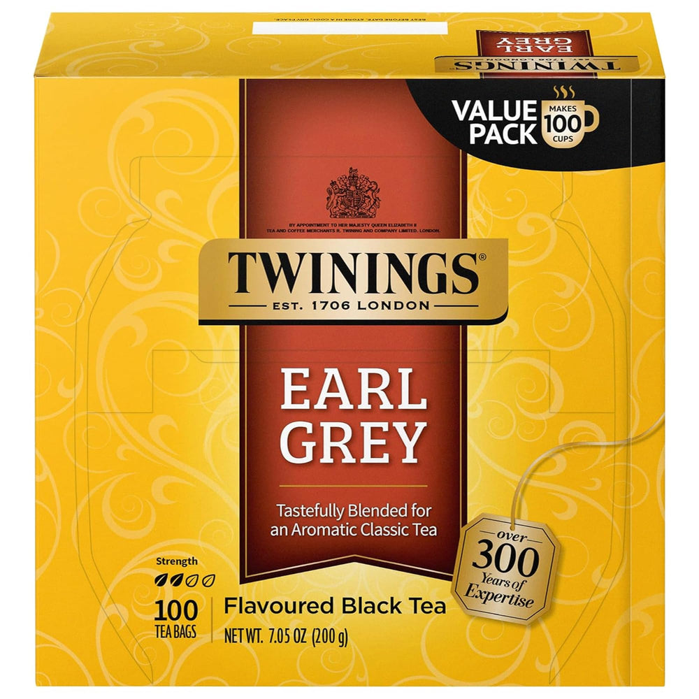 Twinings Earl Grey tea bags, 100-count pack for easy daily brewing.