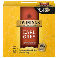 Twinings Earl Grey tea bags, 100-count pack for easy daily brewing.