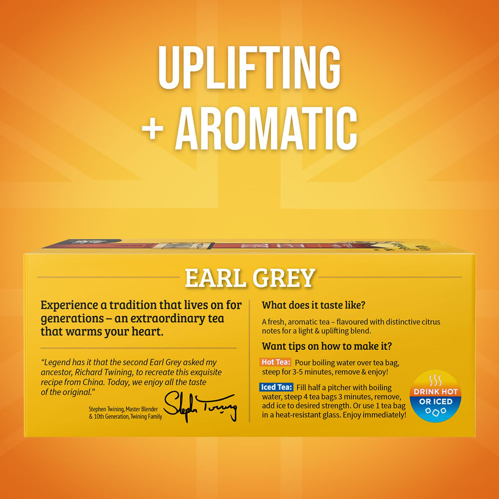 Twinings Earl Grey with bergamot citrus aroma enhances afternoon tea moments.