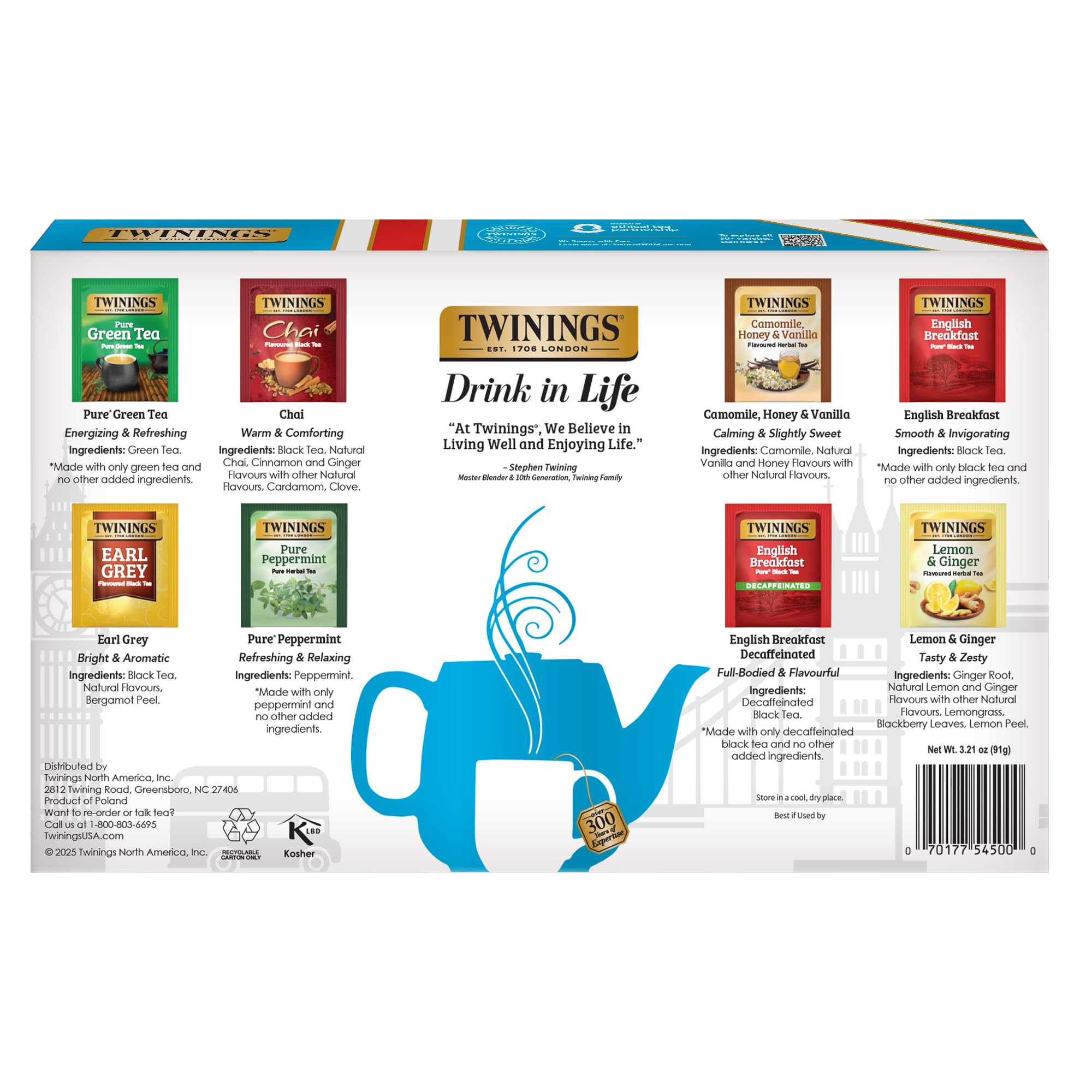 Twinings English Breakfast Decaf tea bags arranged for quick, caffeine-free moments.