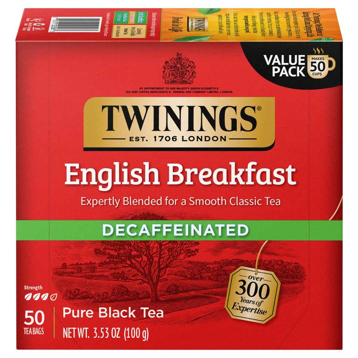 Twinings English Breakfast decaf tea bags, individually wrapped for freshness and convenience.