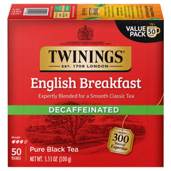 Twinings English Breakfast decaf tea bags, individually wrapped for freshness and convenience.