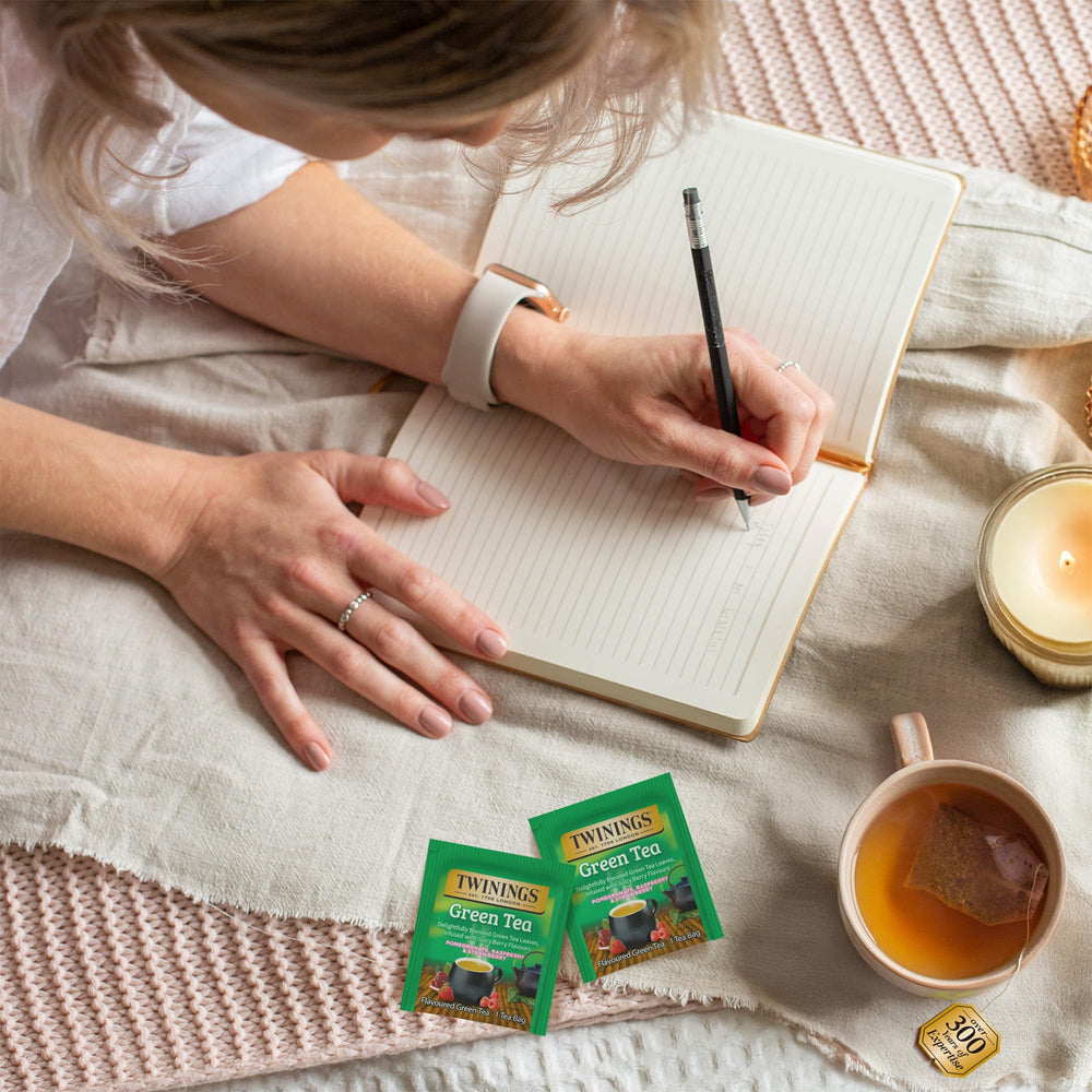 Twinings tea bags on-the-go; compact packaging keeps freshness in transit.