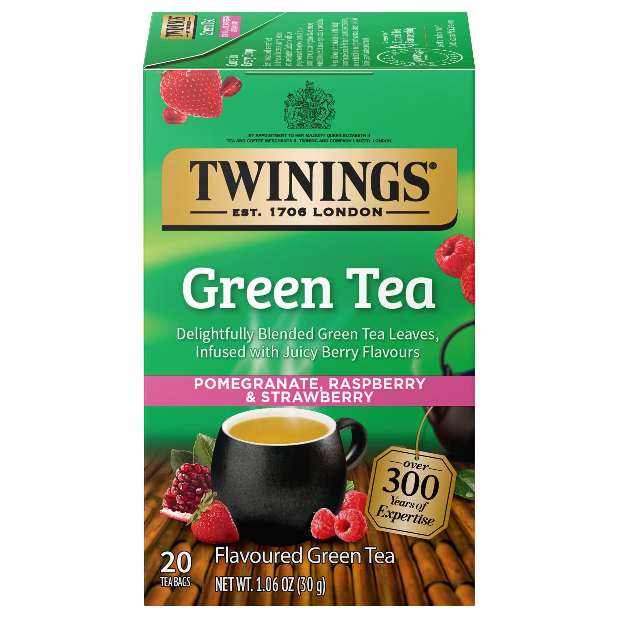 Twinings Green Tea with Pomegranate, Raspberry & Strawberry tea bags, individually wrapped for freshness and portability.
