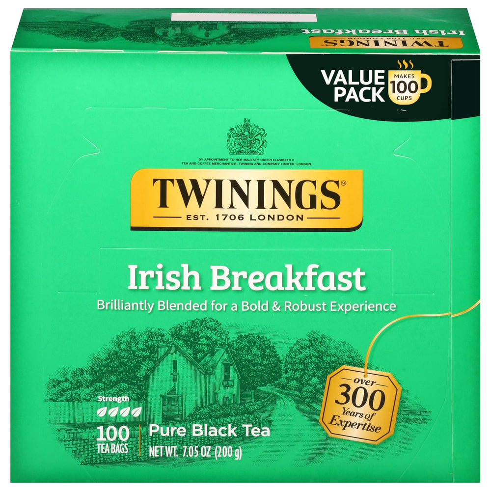 Twinings Irish Breakfast tea bags pack offers bold morning flavor.