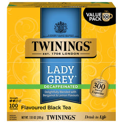 Twinings Lady Grey decaf tea bags displayed for quick brewing