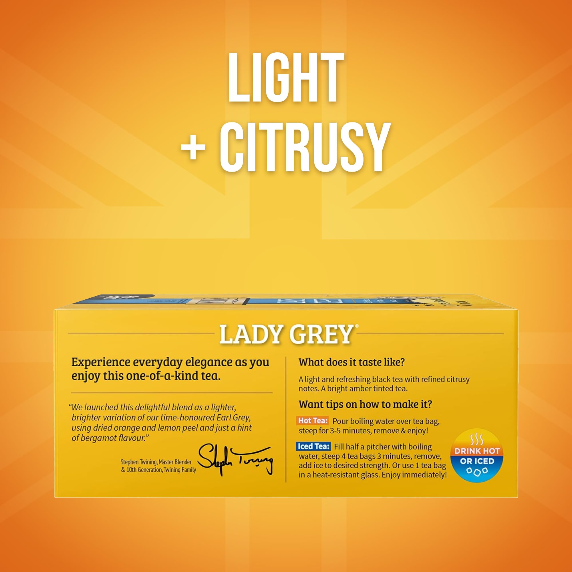 Twinings Lady Grey with orange and lemon peel delivers citrus brightness for afternoon pick-me-ups.