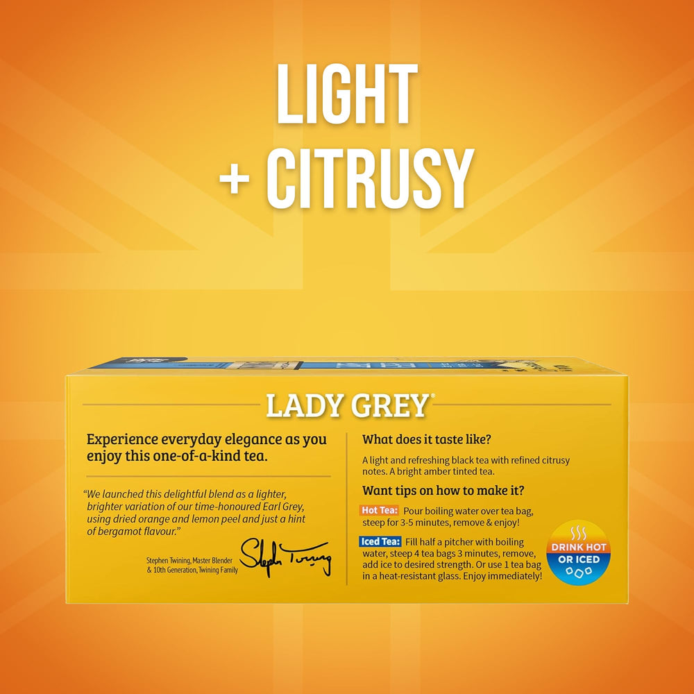 Twinings Lady Grey with orange and lemon peel delivers citrus brightness for afternoon pick-me-ups.