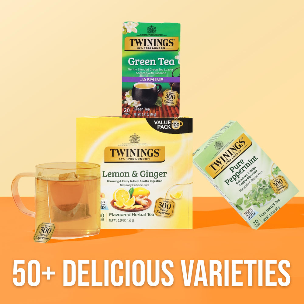 Twinings brand logo on packaging emphasizing natural, caffeine-free herbal experience
