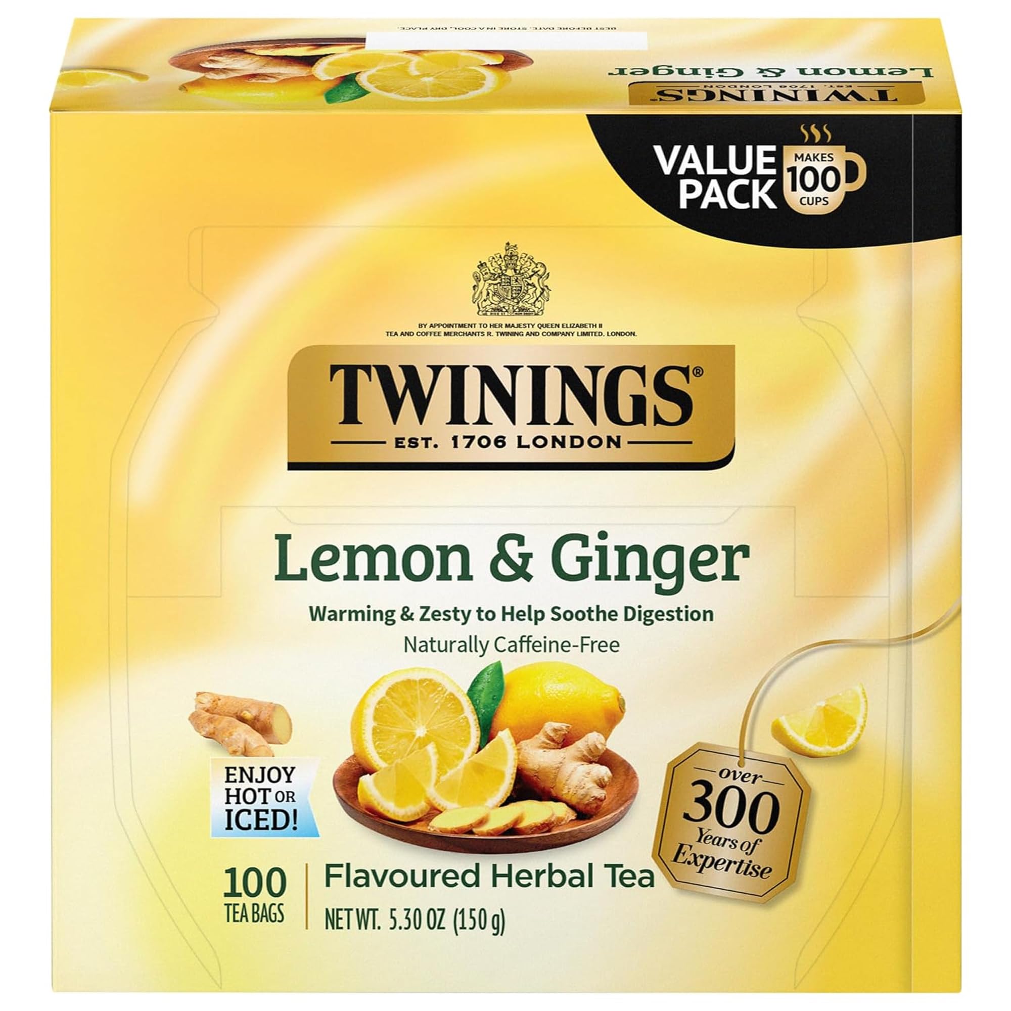 Twinings Lemon Ginger herbal tea box showing packaging and label