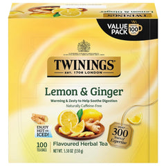 Twinings Lemon Ginger herbal tea box showing packaging and label