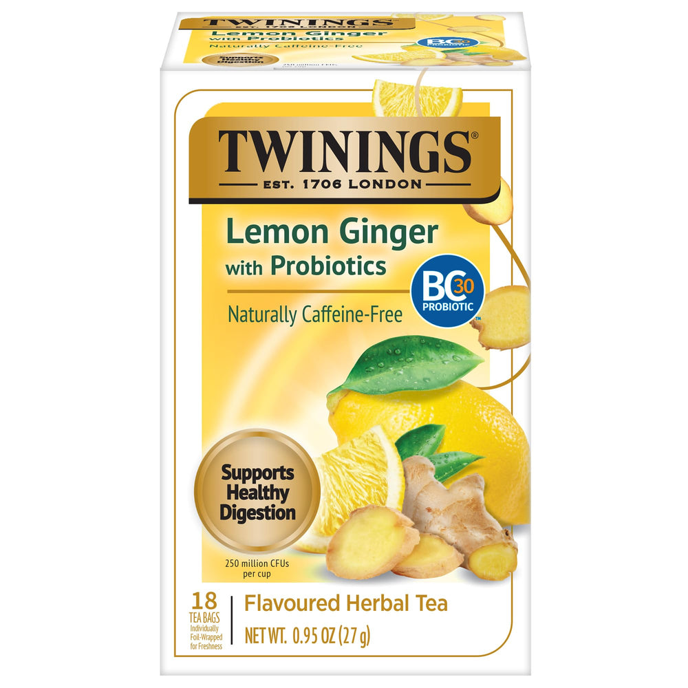 Twinings Lemon & Ginger Probiotics tea bags for a convenient daily ritual supporting digestive comfort