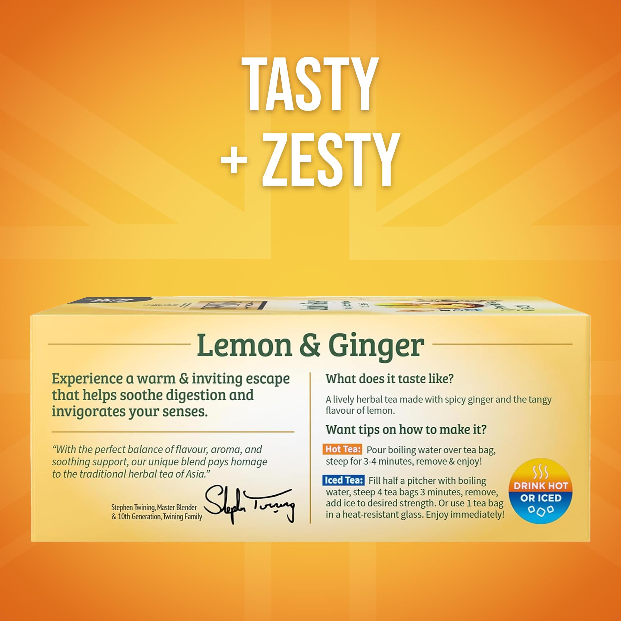 Twinings Lemon Ginger tea bags close-up, individually wrapped for freshness