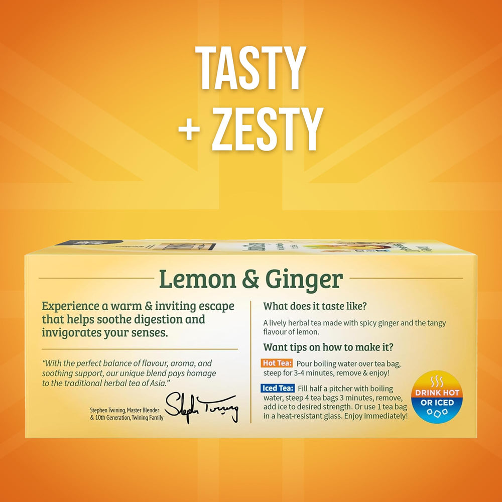Twinings Lemon Ginger tea bags close-up, individually wrapped for freshness