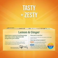Twinings Lemon Ginger tea bags close-up, individually wrapped for freshness