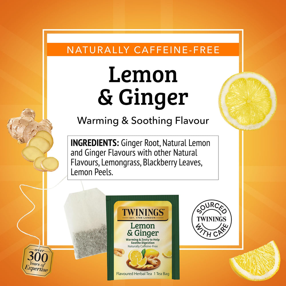 Brewed Twinings Lemon Ginger herbal tea in a warm cup with inviting aroma