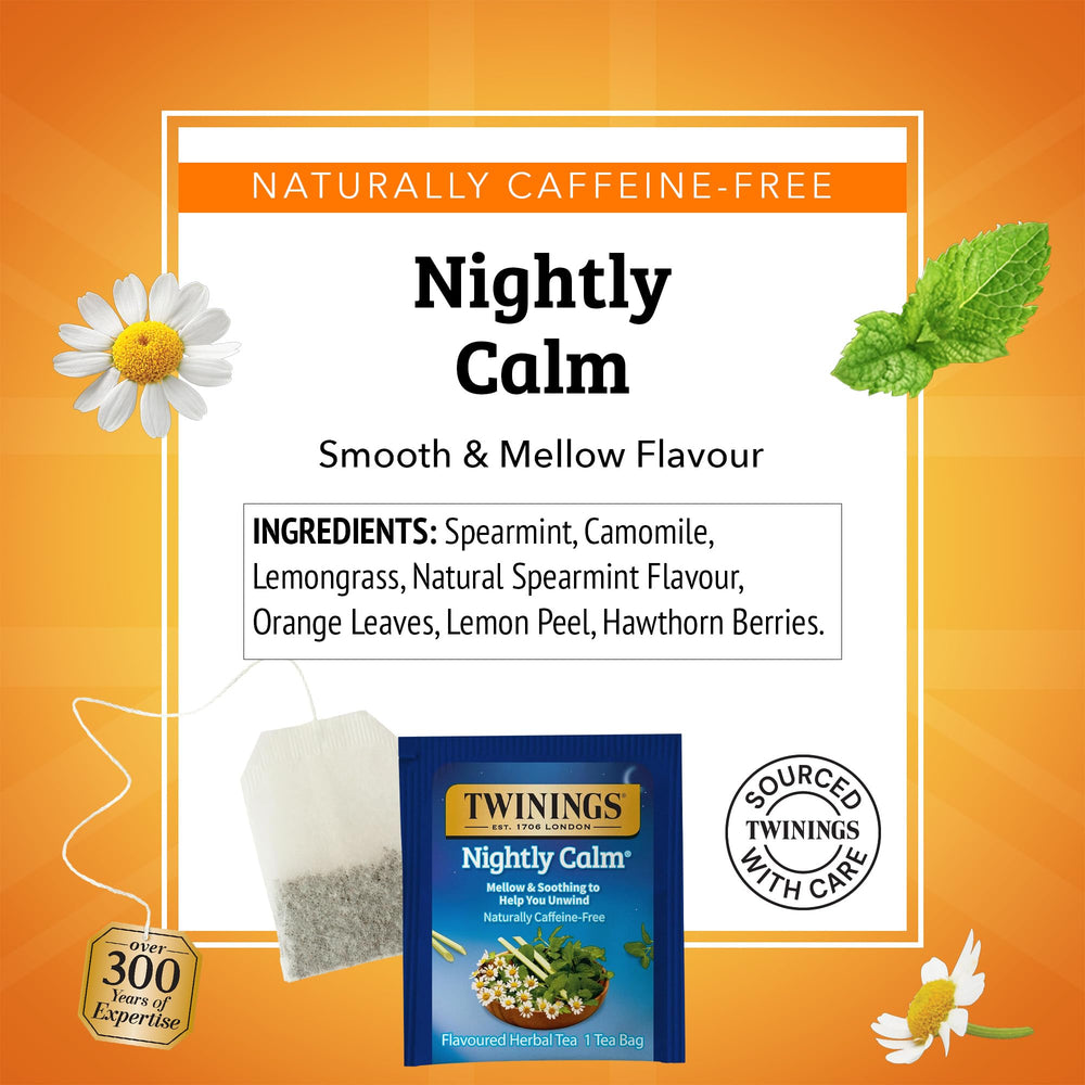 Twinings Nightly Calm individually sealed bags maintain freshness for travel.