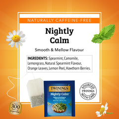 Twinings Nightly Calm individually sealed bags maintain freshness for travel.