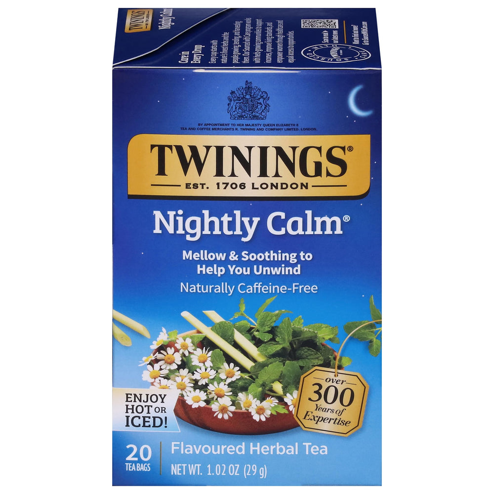 Twinings Nightly Calm tea bags in a 20-count pack for easy, caffeine-free brews.
