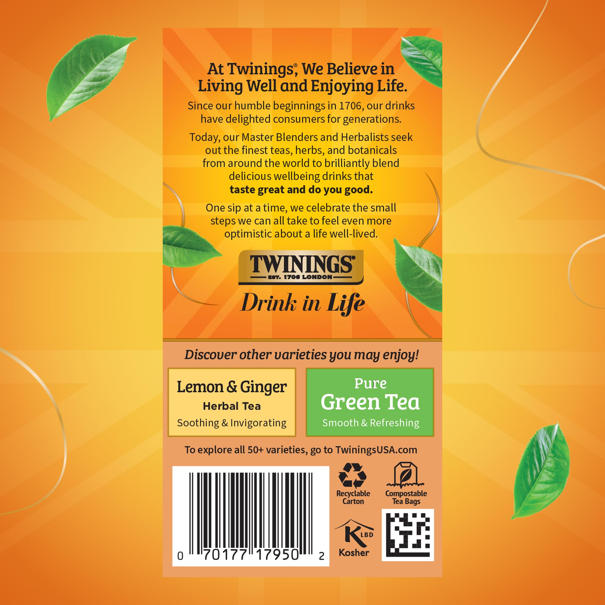 Twinings orange-cinnamon-spice-packaging highlights a caffeine-free herbal blend.