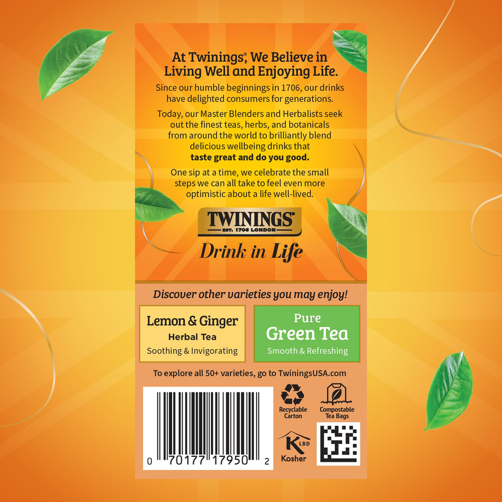 Twinings orange-cinnamon-spice-packaging highlights a caffeine-free herbal blend.