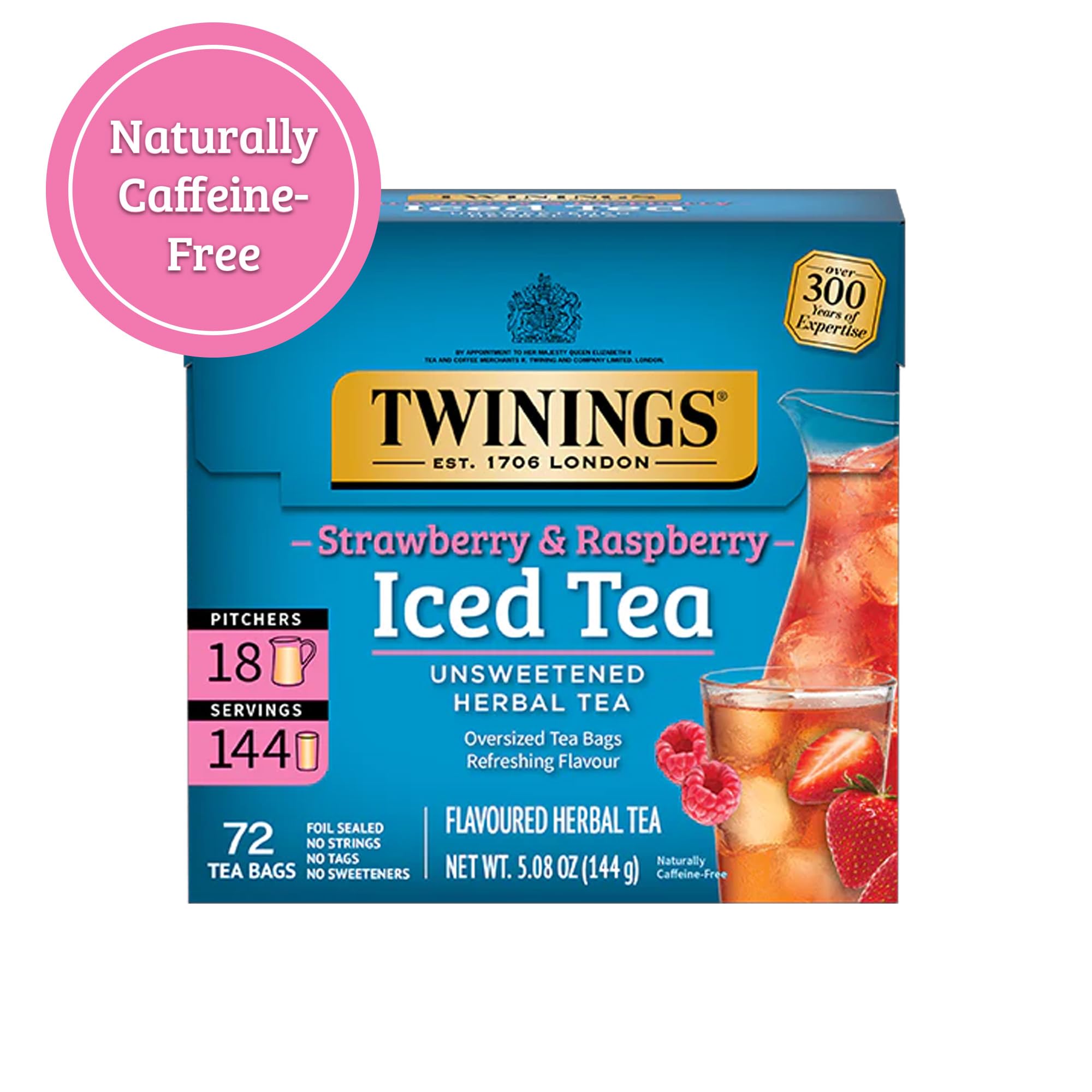 Twinings oversized tea bags, strings-free, simplify brewing for quick servings.
