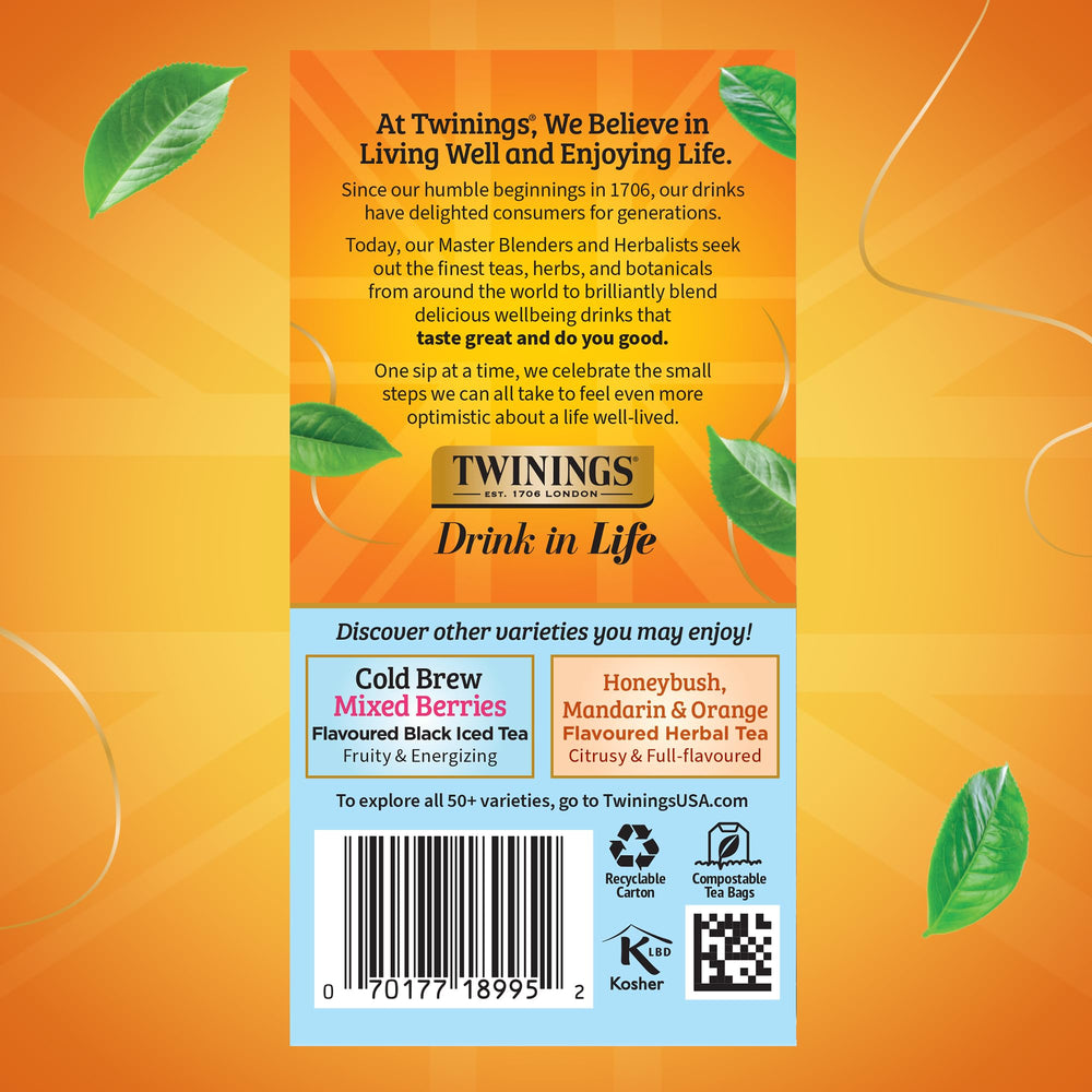 Peach slices beside a Twinings cup signaling peach-forward flavor