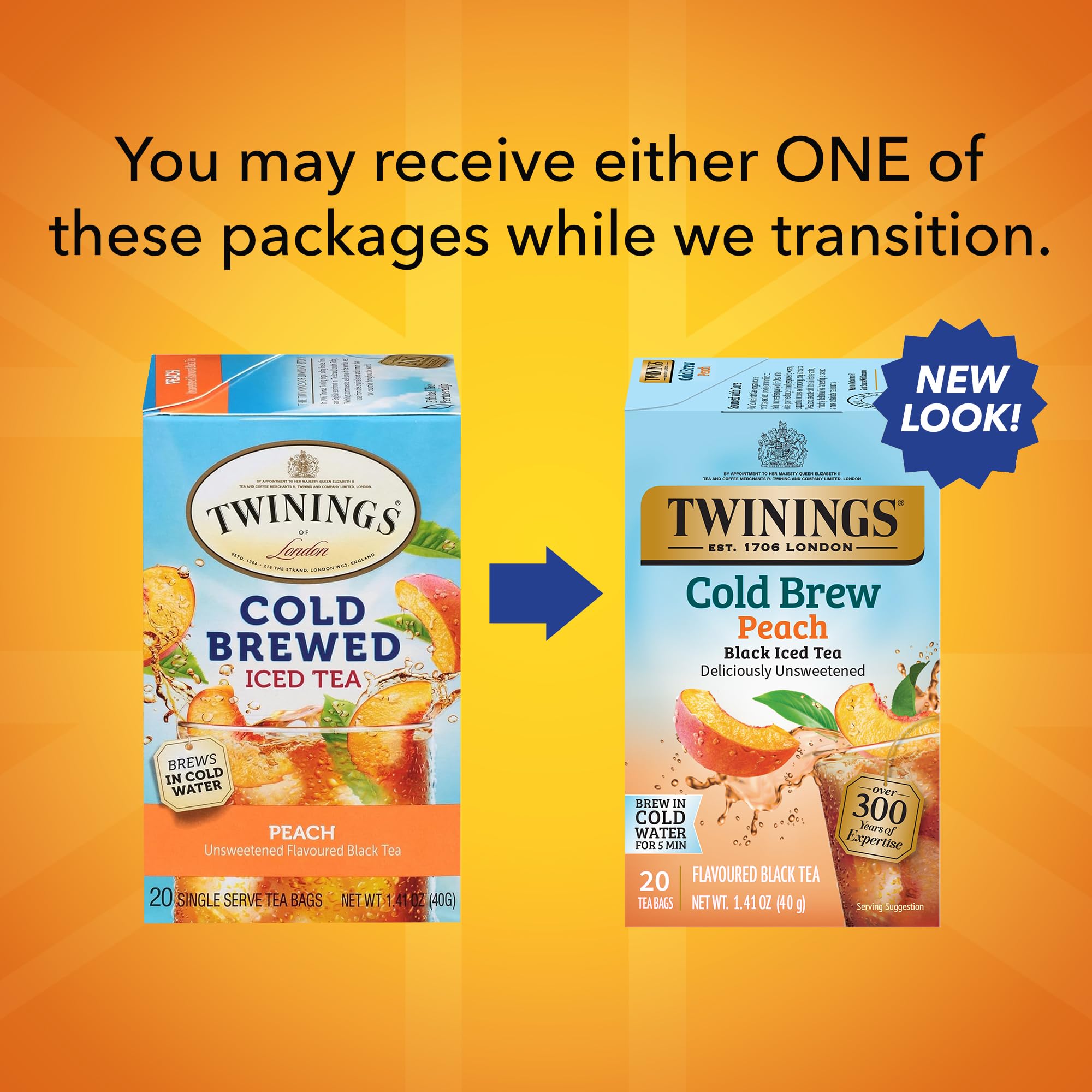 Twinings Peach Cold Brew tea bags box view highlighting premium leaves