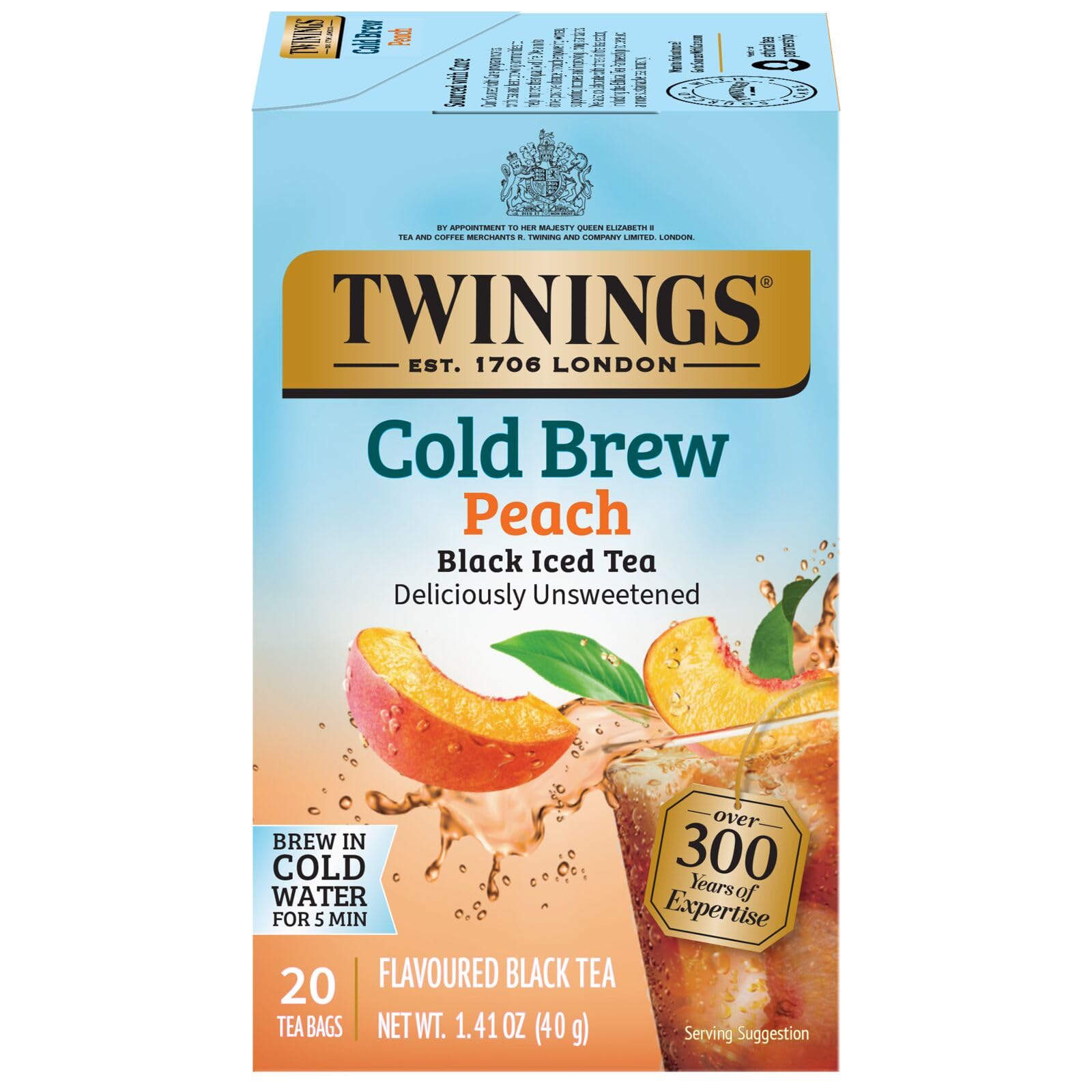Twinings Peach Cold Brew tea bags closeup, showcasing peach flavor for a quick refreshing iced tea